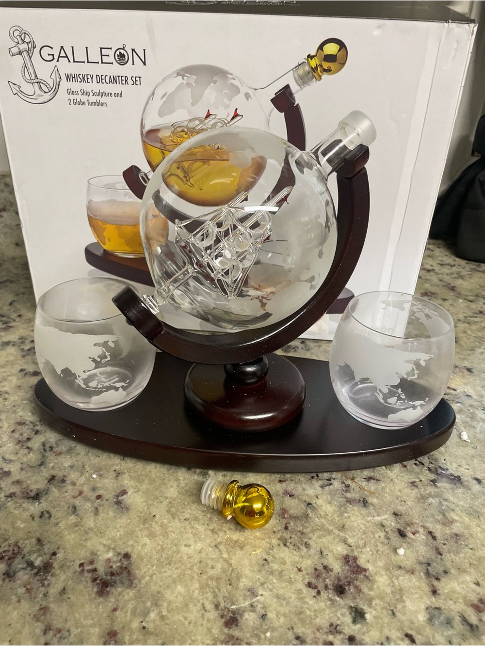 Galleon Whiskey Decanter Set by Shannon by Godinger globe decanter. Ship tumbler